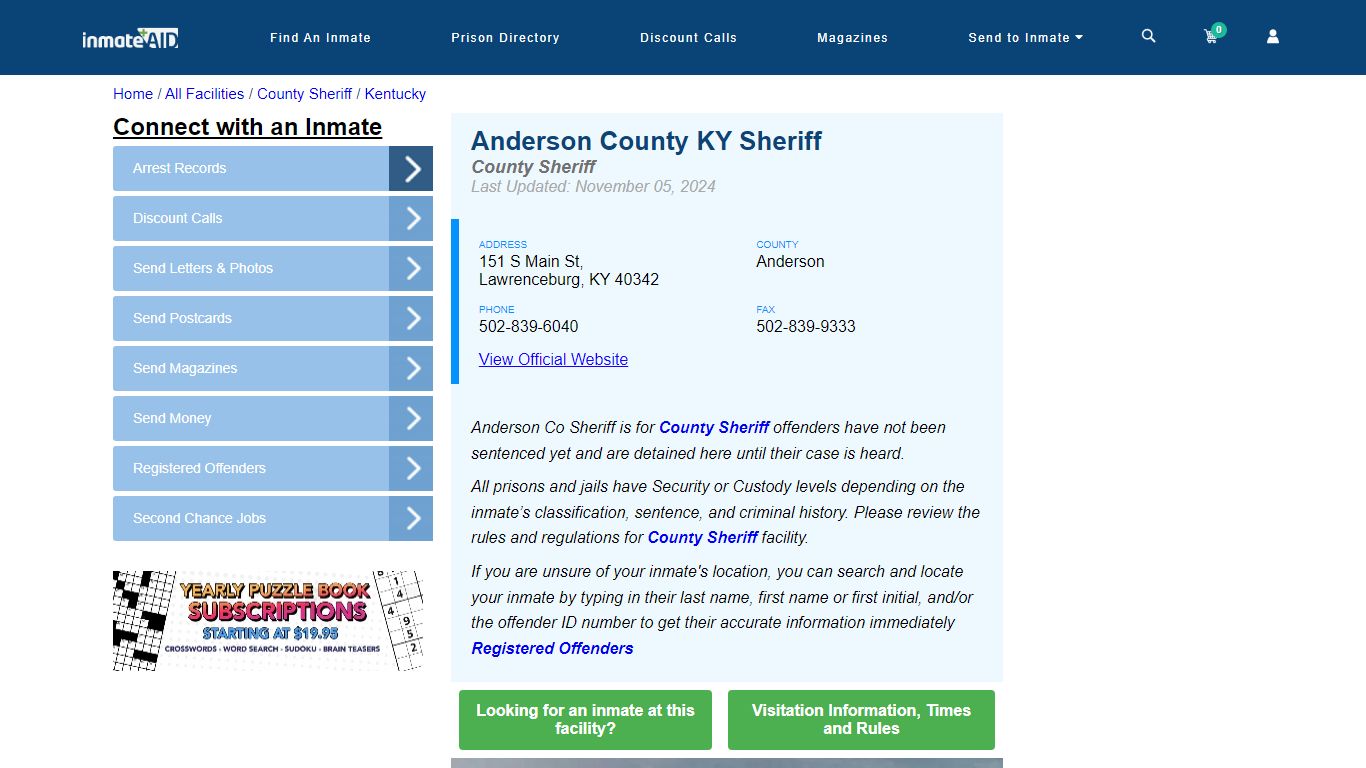 Anderson County KY Sheriff - Arrests Warrants - InmateAid